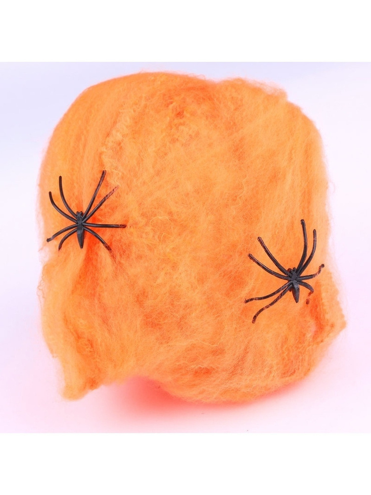 Паутина Хэллоуин оранжевая с 2 пауками, 1х1м / Halloween декорация, украшения, декор  #1