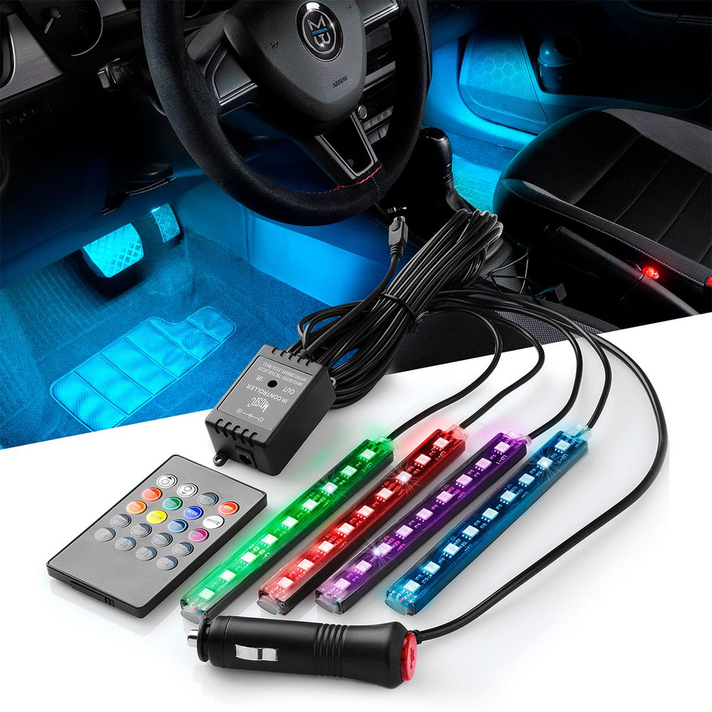 Подсветка салона автомобиля RGB со звуковым контроллером ElectroKot 4 модуля 36 LED ИК-пульт многоцветная #1