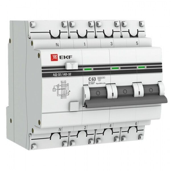 Дифференциальный автоматический выключатель (АВДТ) EKF 4-полюсный (3P+N) 63А хар. C 30мА тип AC 4.5кА #1