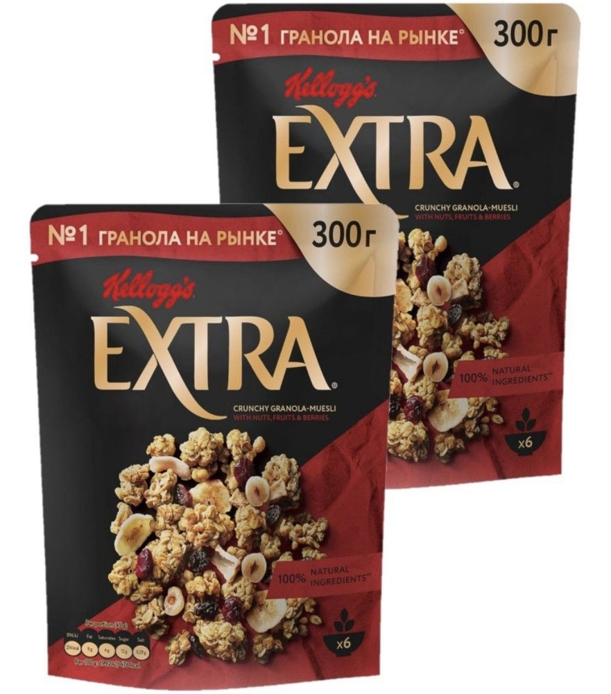 Гранола-мюсли Kellogg's Extra Хрустящая с орехами, фруктами и ягодами, 2 шт х 300 г  #1