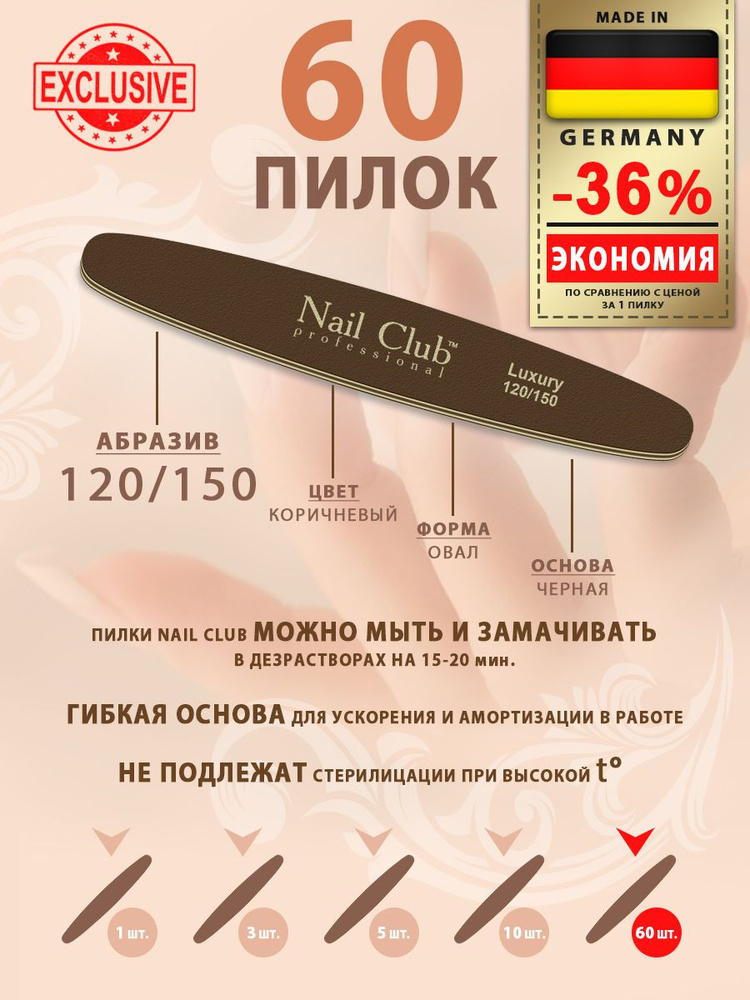 Nail Club professional Маникюрная пилка для опила ногтей коричневая, серия LUXURY, форма овал, абразив #1