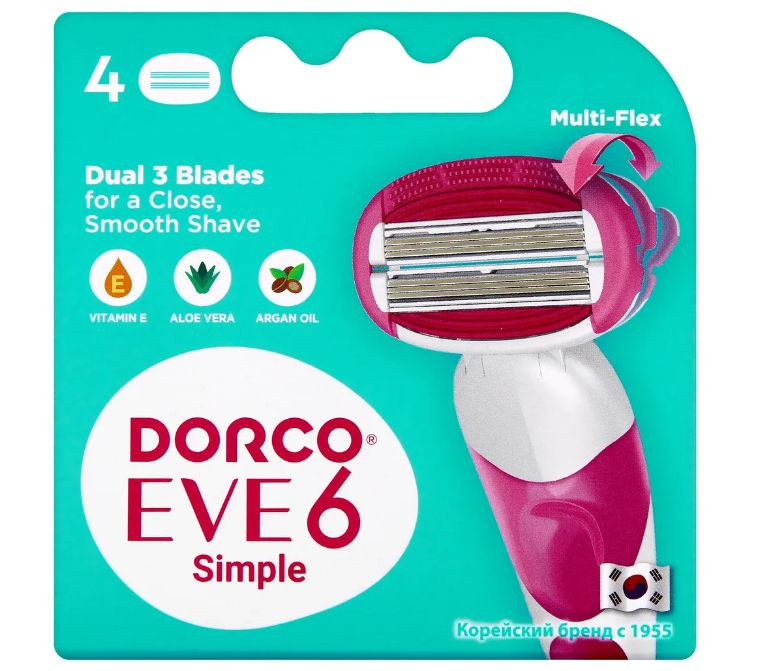 Dorco Сменные кассеты EVE6, женские, 6-лезвийные, крепление PACE, увл.полоса (4 сменные кассеты)  #1