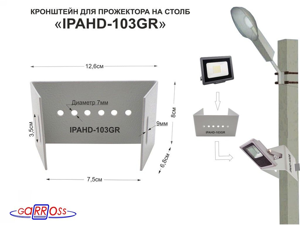 Кронштейн "IPAHD-103GR" для прожектора на столб под СИП-ленту, вылет 0,08м  #1