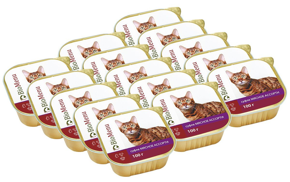 BIOMENU для взрослых кошек суфле с мясным ассорти 100 гр х 15 шт  #1