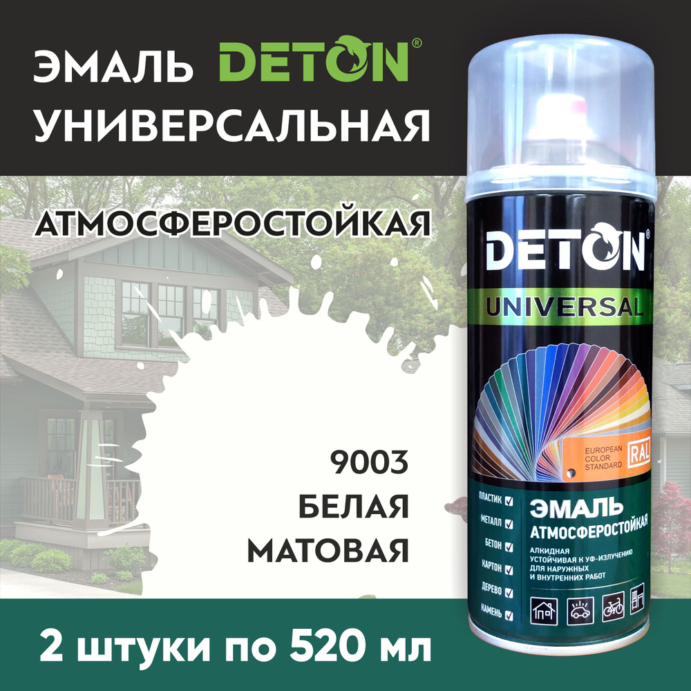 Аэрозольная краска / Краска в баллончике / Алкидная эмаль DETON атмосферостойкая, белый матовый, RAL #1