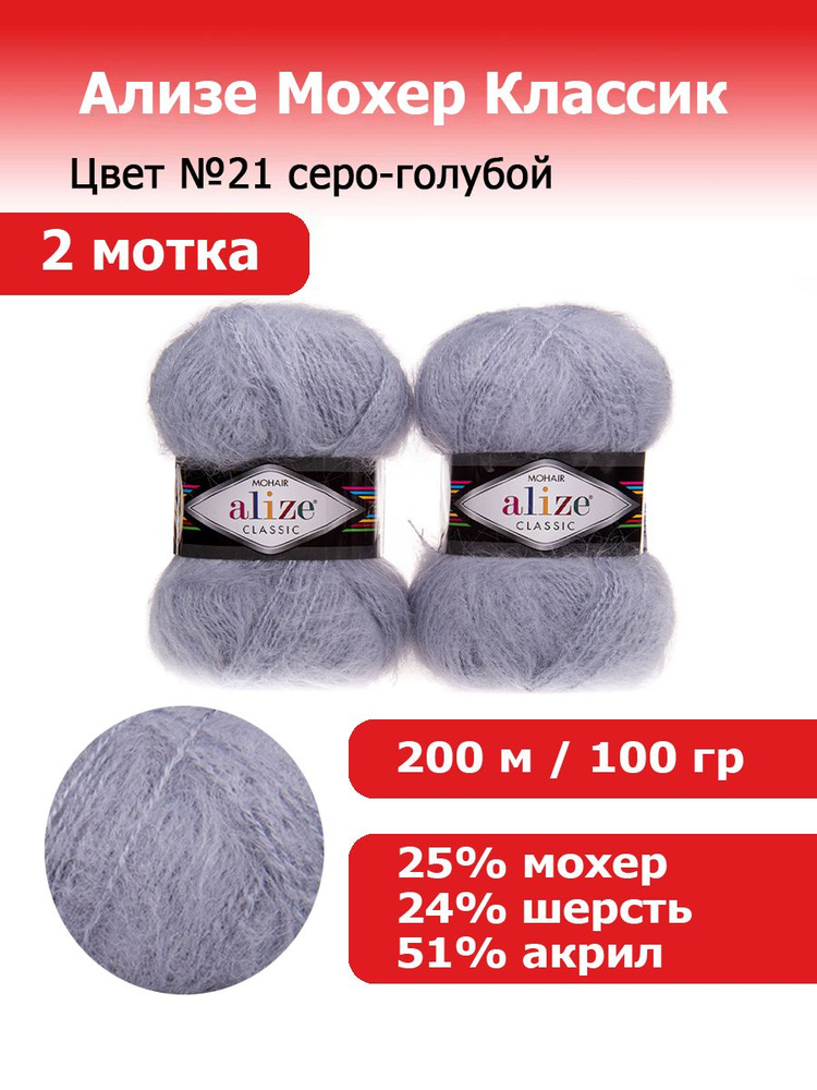 Пряжа для вязания Ализе Мохер Классик (ALIZE Mohair Classic) №21 серо-голубой, комплект 2 мотка, 25% #1