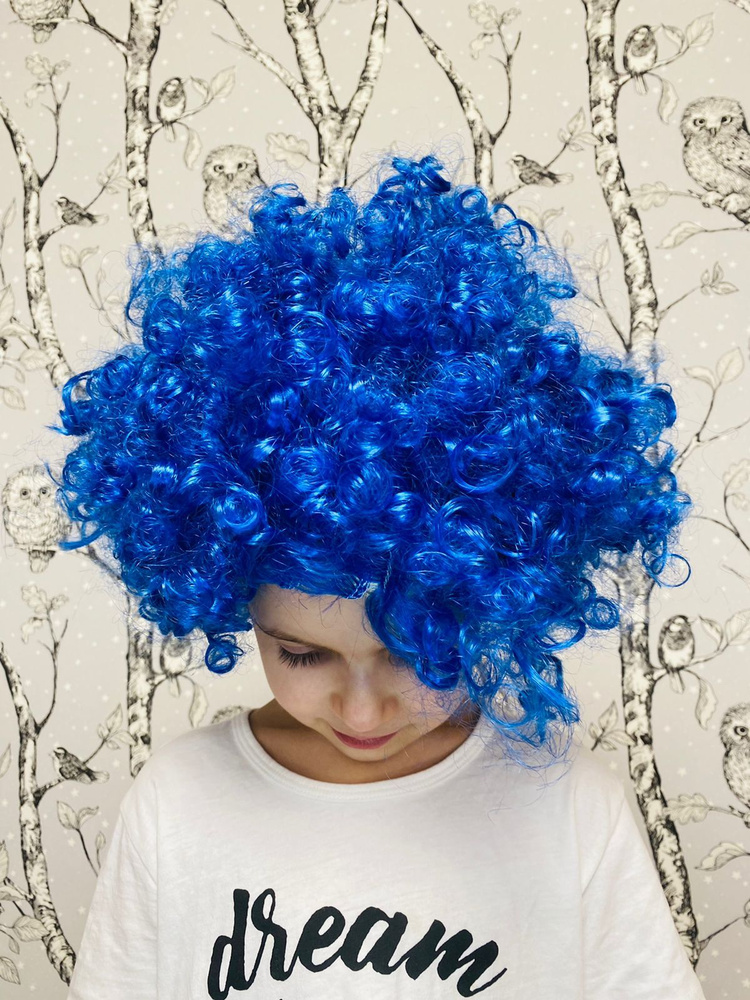 Парик клоуна Кудрявый карнавальный Цвет синий Длина волоса 15 см  #1