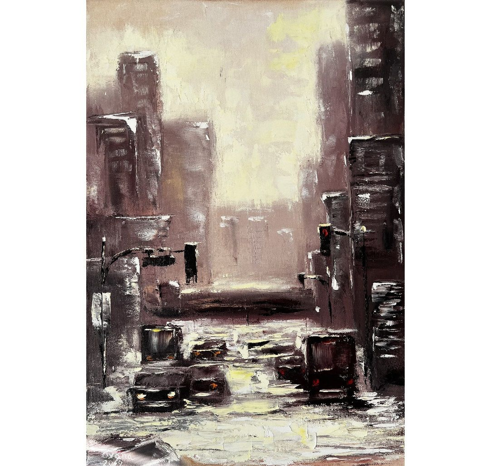 Картина маслом "Городская улица" на холсте 55х38 см. #1