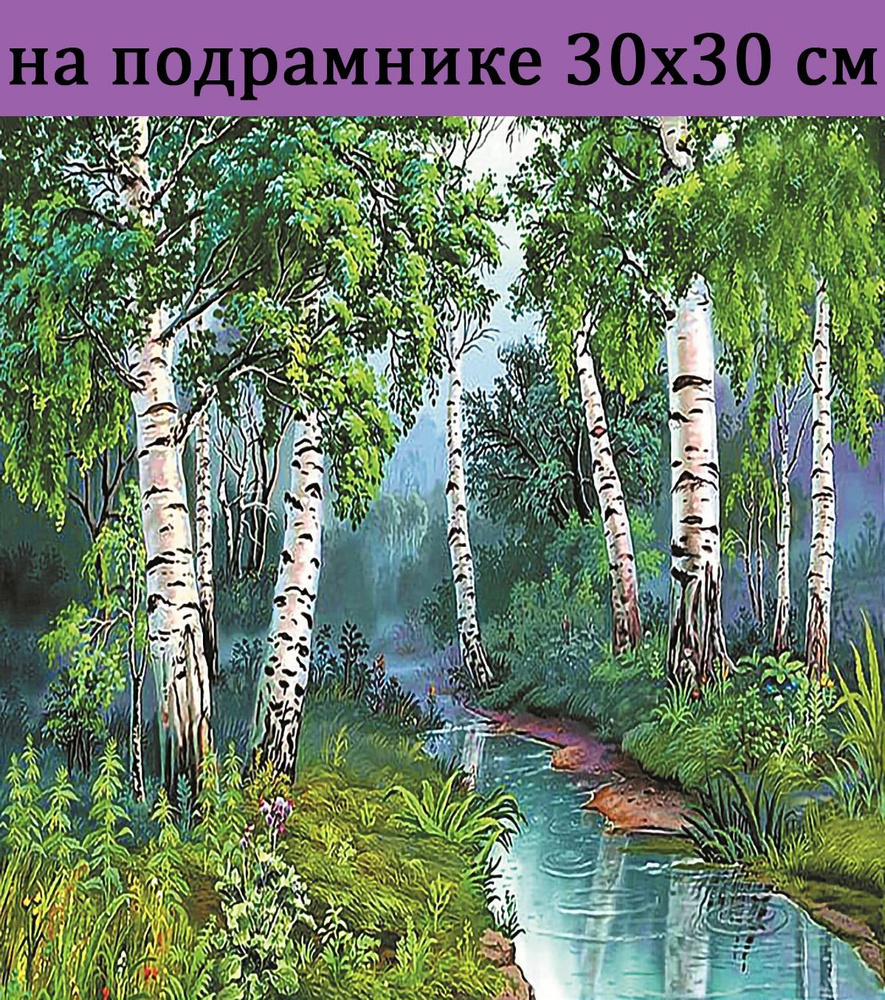 Алмазная мозаика 30х30 на подрамнике пейзаж березки, алмазная вышивка на подрамнике 30*30, картина стразами #1