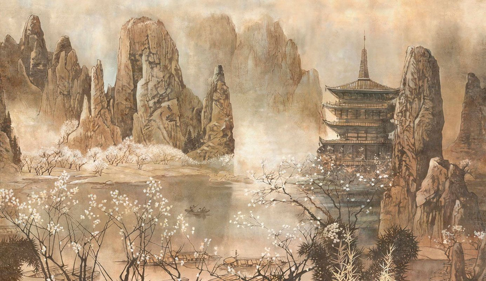 Фотообои GrandPik 71479 Фреска "Пагода в горах, озеро, сакура, Япония, рисунок", 350х200 см(Ширина х #1