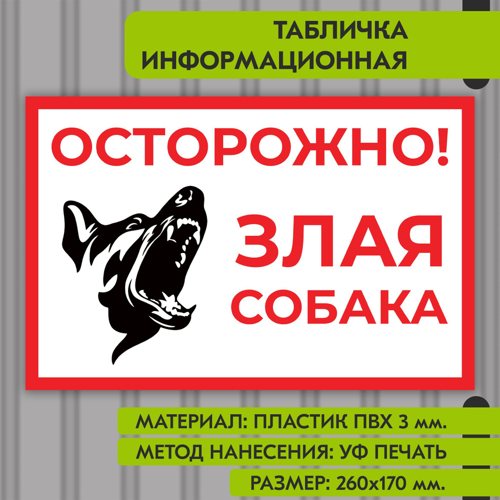 Информационная табличка "Осторожно, злая собака", 260х170 мм. УФ печать не выгорает  #1