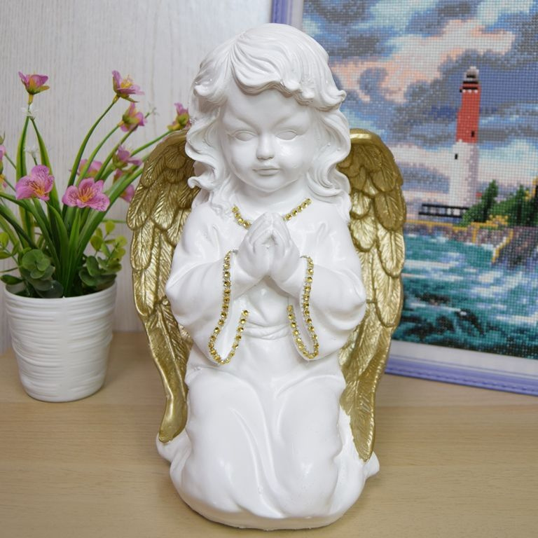 Статуэтка ангел "Молящийся большой", белый с золотом, 33 см  #1