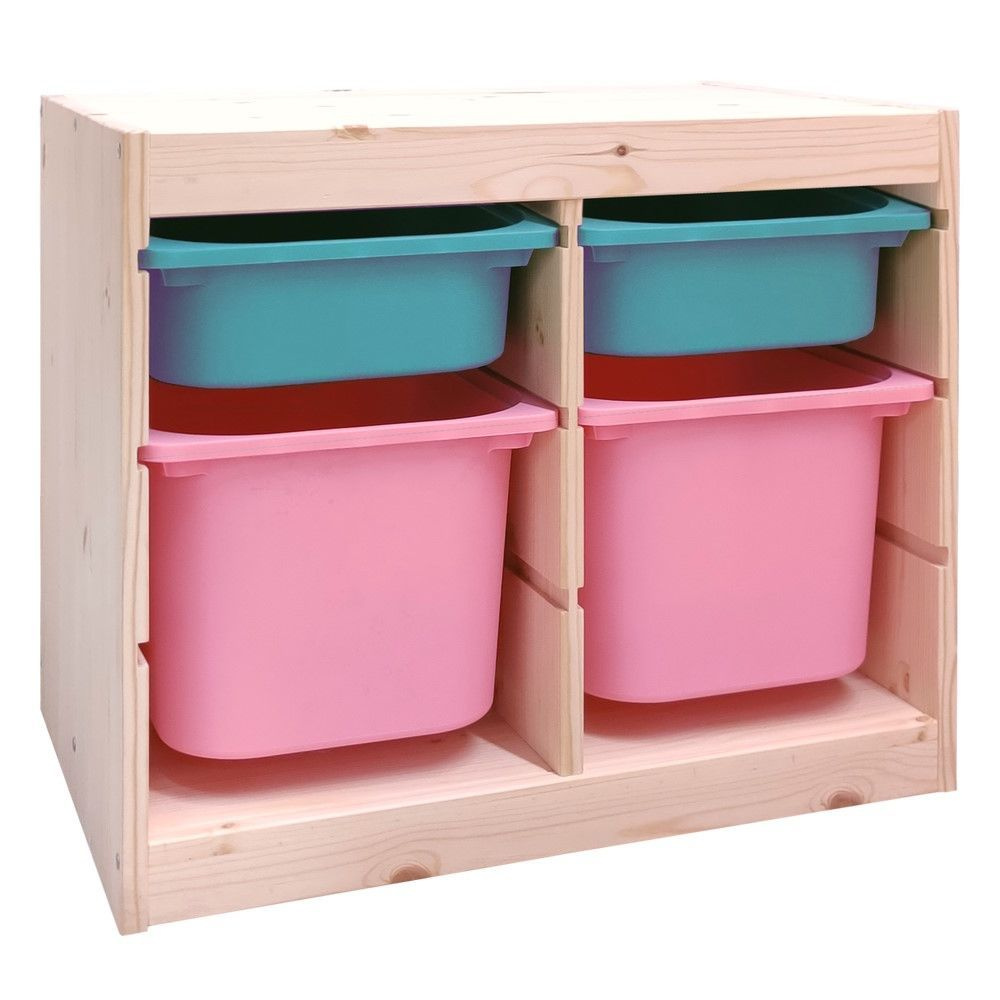 Деревянный стеллаж для игрушек с бирюзовыми (2) и розовыми (2) контейнерами TROFAST, 62.8х43.8х52.2 см #1