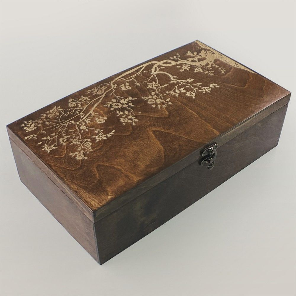 Коробка для чайных пакетиков (Чайница) из дерева, большая, 4 отделения с узором "пейзаж листья (природа, #1