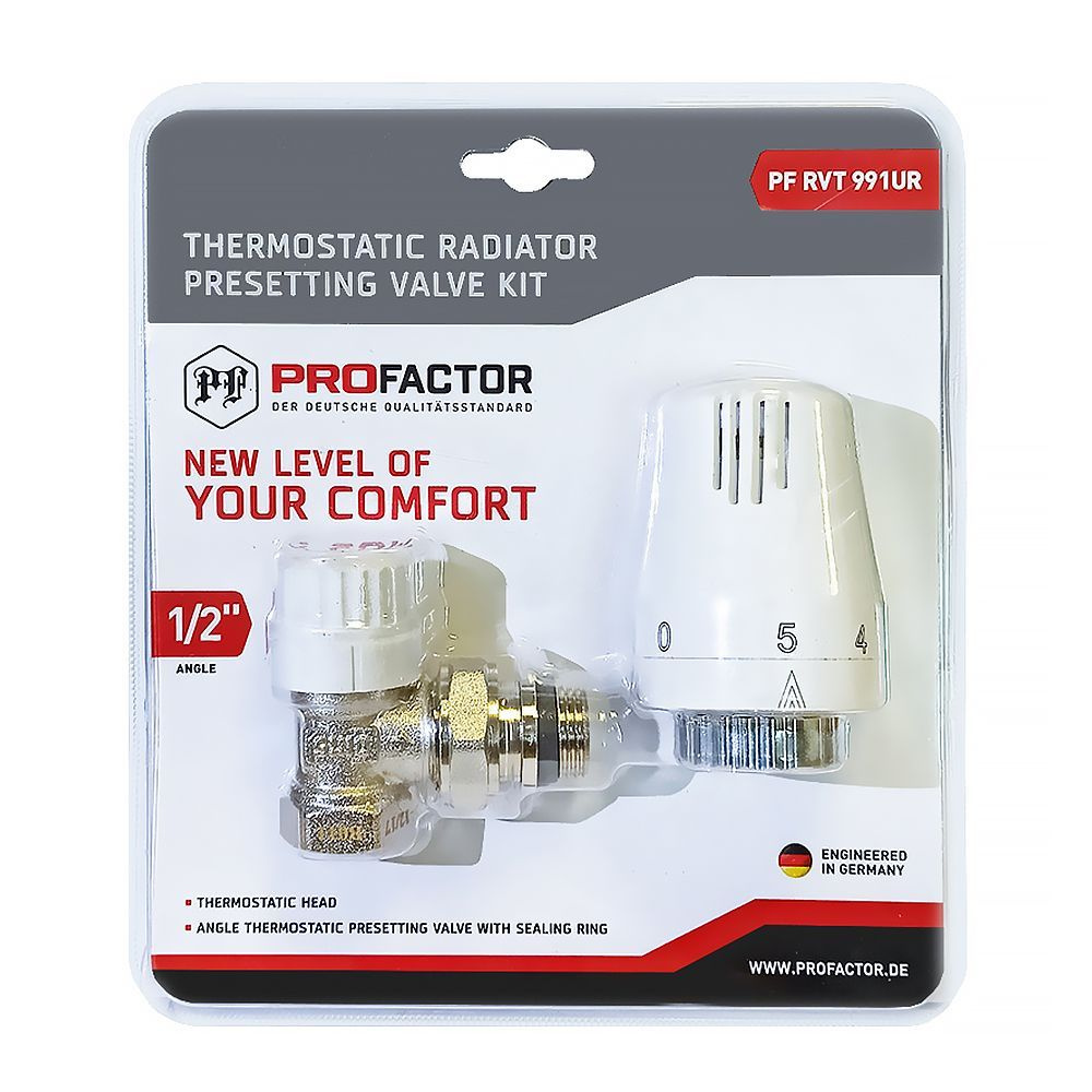 Комплект радиатора PROFACTOR термостатический, угловой, с преднастройкой и уплотнением, 1/2 PF RVT 991UR #1