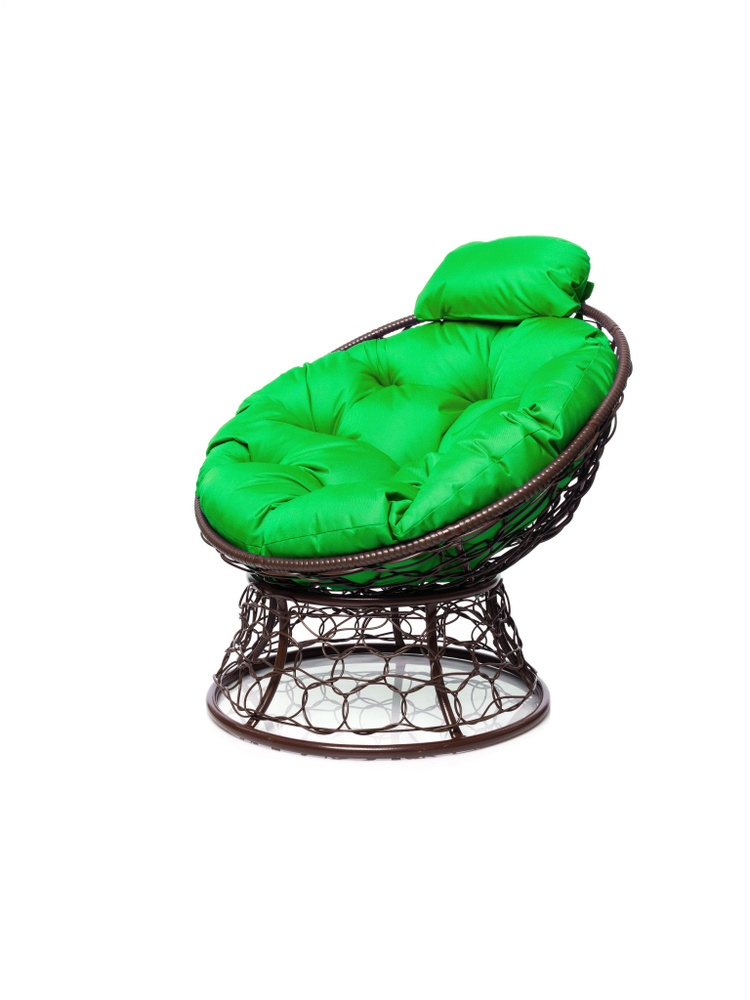 Кресло ПАПАСАН мини с ротангом коричневое, зеленая подушка  #1