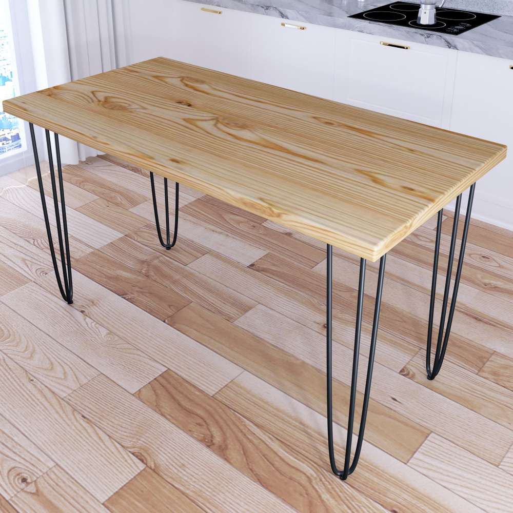 Стол кухонный Loft со столешницей без покрытия из массива сосны 40 мм и черными металлическими ножками-шпильками, #1