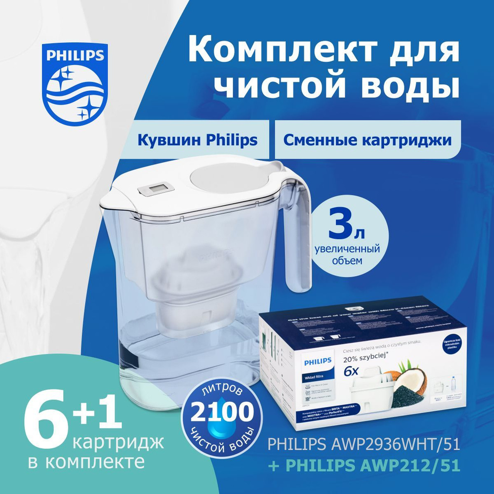 Комплект: кувшин Philips AWP2936WHT/51, 3 л, цифровой таймер + сменные картриджи Philips AWP212/51, 6 #1