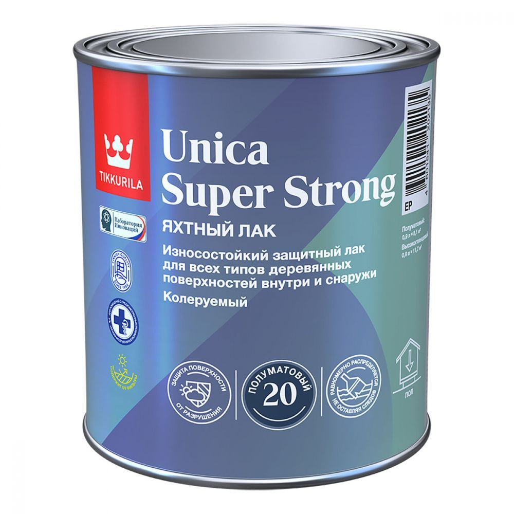 TIKKURILA UNICA SUPER STRONG 20 полуматовый, яхтный лак для дерева 0.9 литра прозрачный  #1
