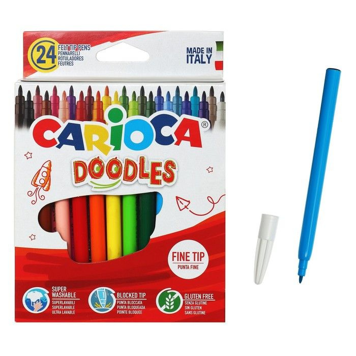 Фломастеры 24 цвета, CARIOCA "Doodles", суперсмываемые, тонкий наконечник, яркие, премиум качество  #1