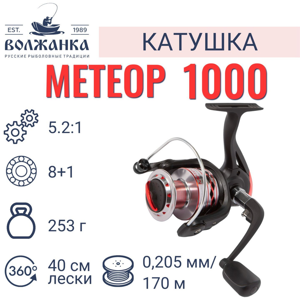 Катушка рыболовная безынерционная "Волжанка Метеор 1000" (8+1 подш);(0.205мм/170м)/Катушка для рыбалки #1