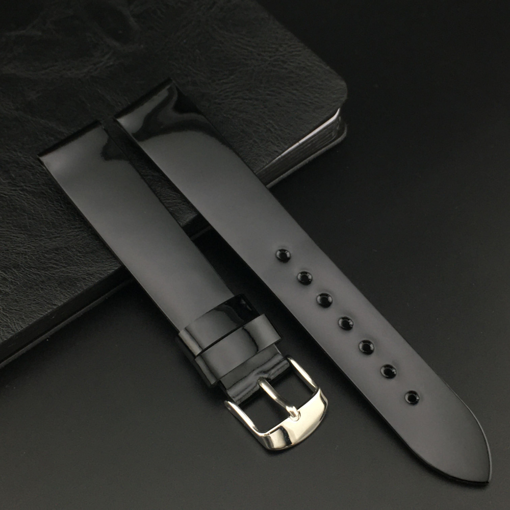 Ремешок для часов кожаный 18 мм, черный, лакированный, пряжка цвет серебро, 1 шт  #1