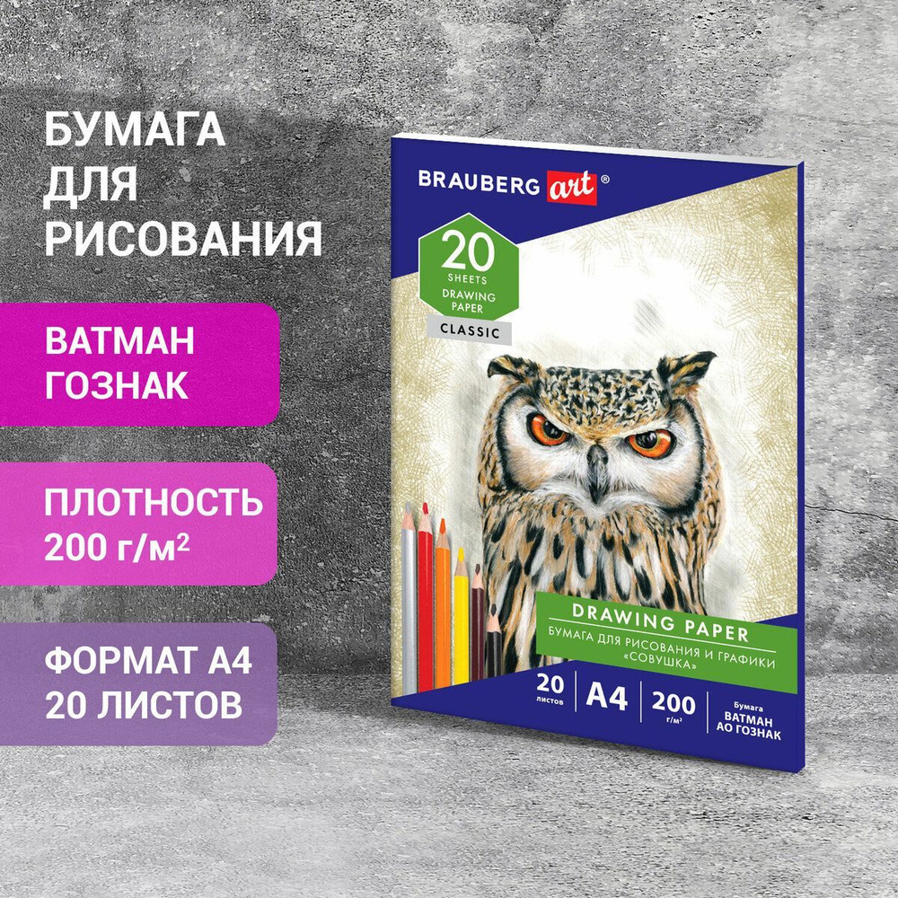 Бумага для рисования и графики в папке А4, 20 л., 200 г/м2, ВАТМАН ГОЗНАК, Brauberg Art Classic  #1