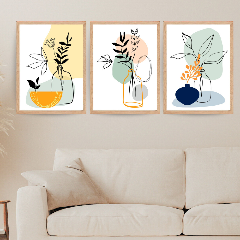 Постеры интерьерные на стену "Цветы в вазе. Абстракция" набор из 3 шт., (белый фон), декор и интерьер, #1