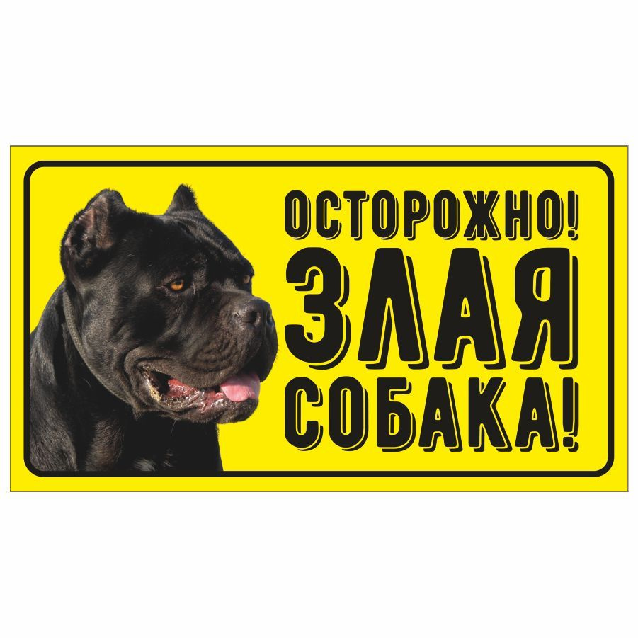 Табличка, Злая собака, Осторожно злая собака кане-корсо, на металлической основе, 25см х 14 см, на забор, #1