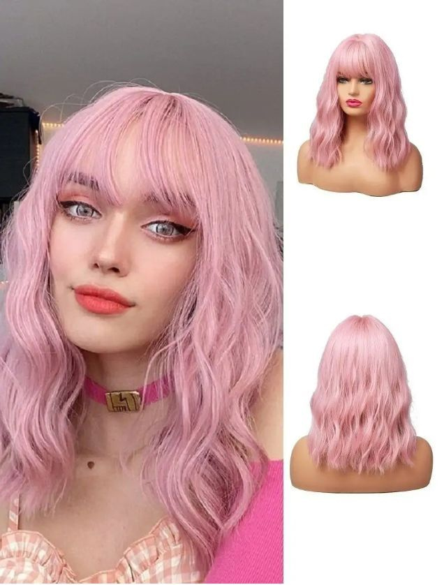 Парик женский розовый с челкой, имитация натуральных волос  #1