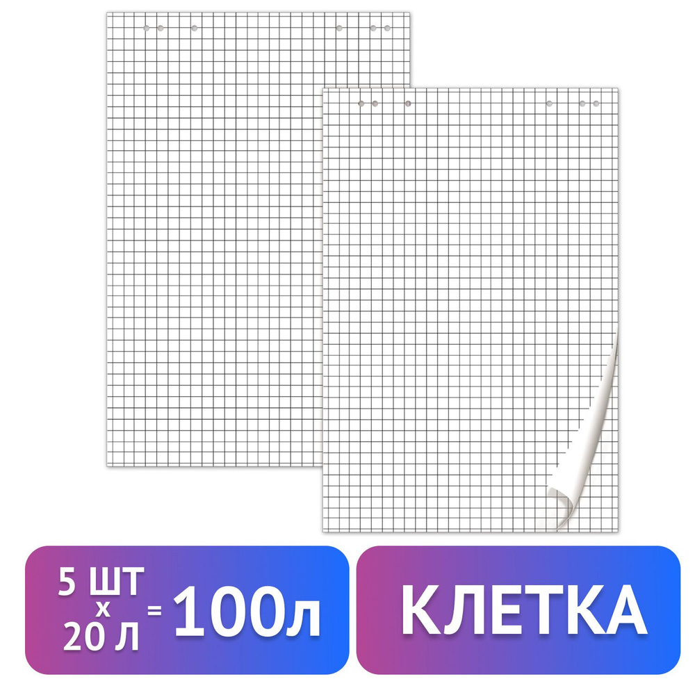 Блокноты для флипчарта Brauberg комплект 5 штук, 20 листов, клетка, 67,5х98 см, 80 г/м (124097)  #1