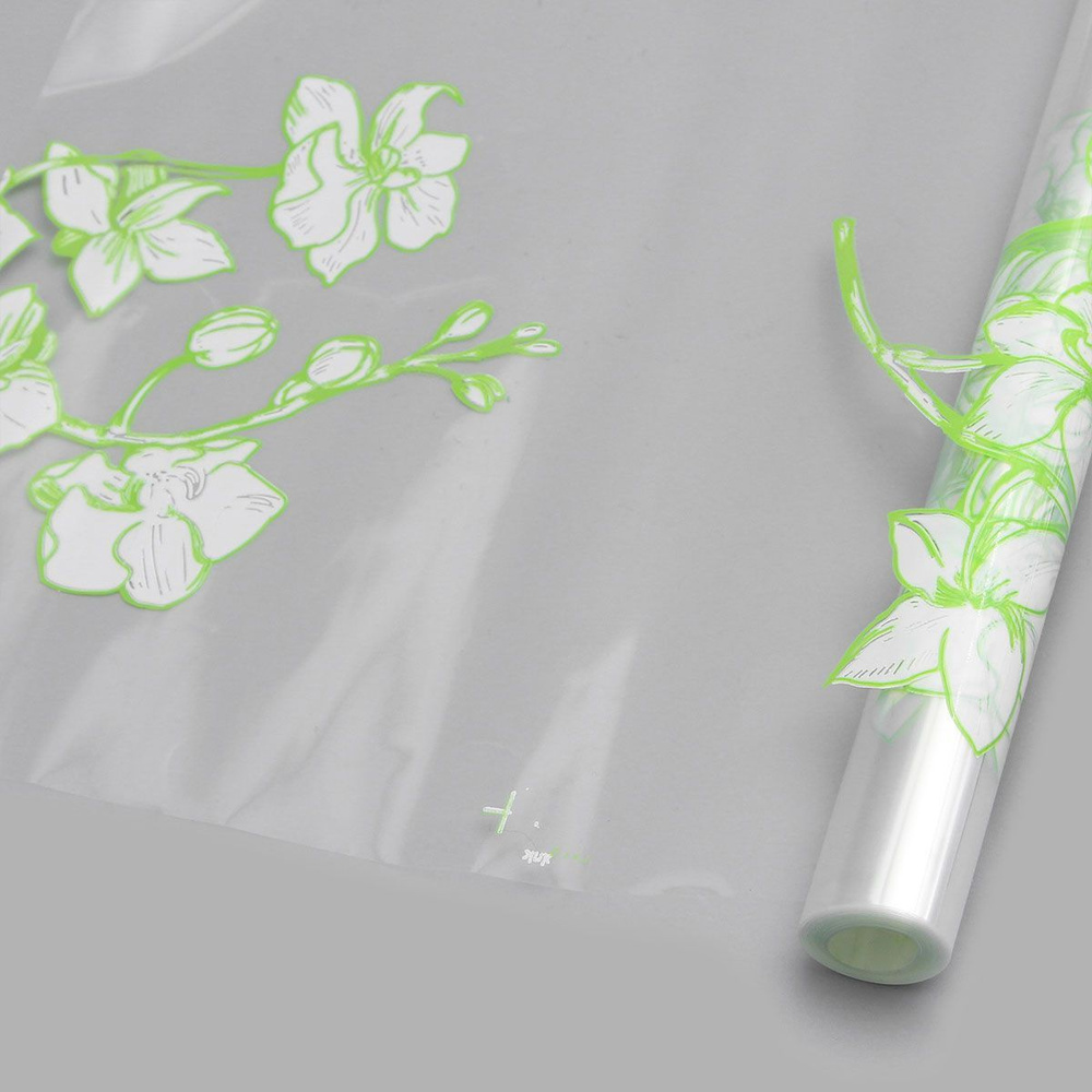 Пленка упаковочная для цветов и подарков Орхидея прозрачная, салатово-белая, глянцевая, 70 см, 9,14 м, #1