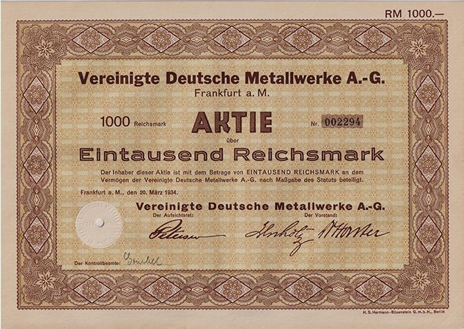 акция Германия, Объединенные немецкие металлургические заводы, 1934 год, акция 1000 рейхсмарок  #1