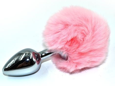 Серебристая округлая анальная пробка с заячьим хвостиком розового цвета - 11,5 см. Kanikule AP-AL001S-R8P #1
