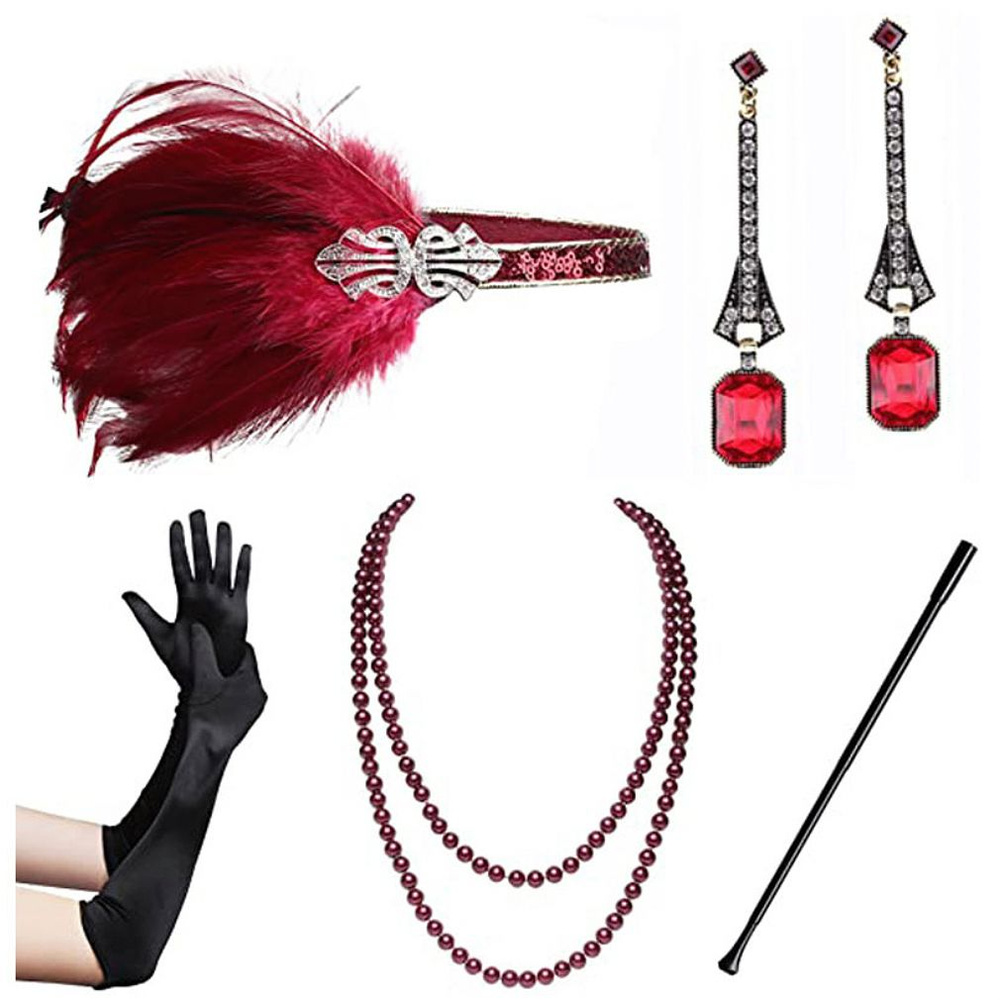 Повязка, перчатки, жемчужное ожерелье, серьги и мундштук, набор для вечеринки в стиле 20-х годов, Казино, #1