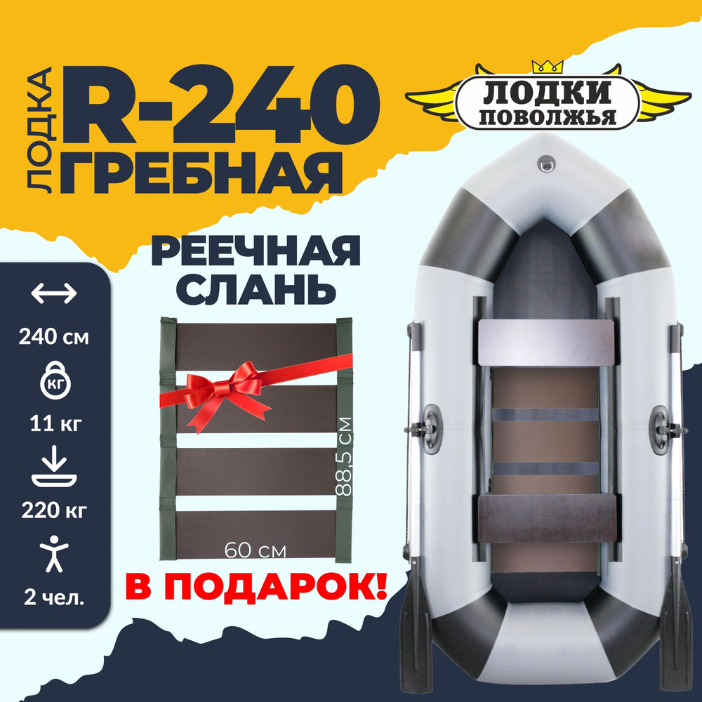 Лодка надувная для рыбалки ПВХ Лодки Поволжья R-240 + РЕЕЧНАЯ СЛАНЬ в комплекте, двухместная гребная,серо-черная #1