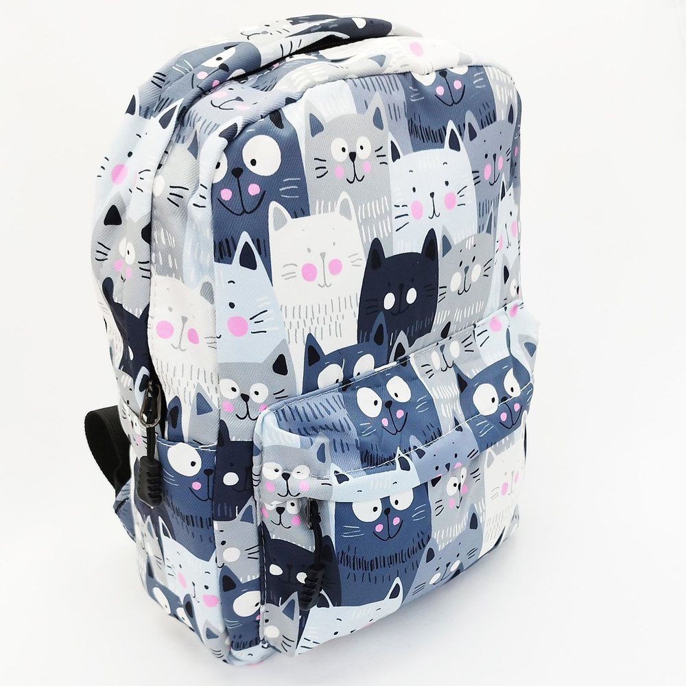 Рюкзак деткий для девочек с кошечками, цвет - серый, белый, черный / Маленький дошкольный рюкзачек  #1