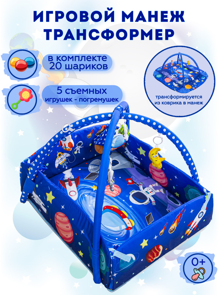 Развивающий коврик для новорожденного Развитика космический синий, дуга с игрушками  #1