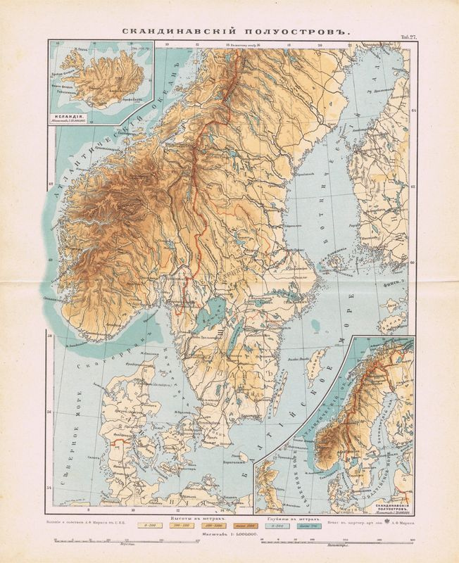 Скандинавский полуостров. Географическая карта антикварная. Смешанная техника. Россия, 1900 год  #1