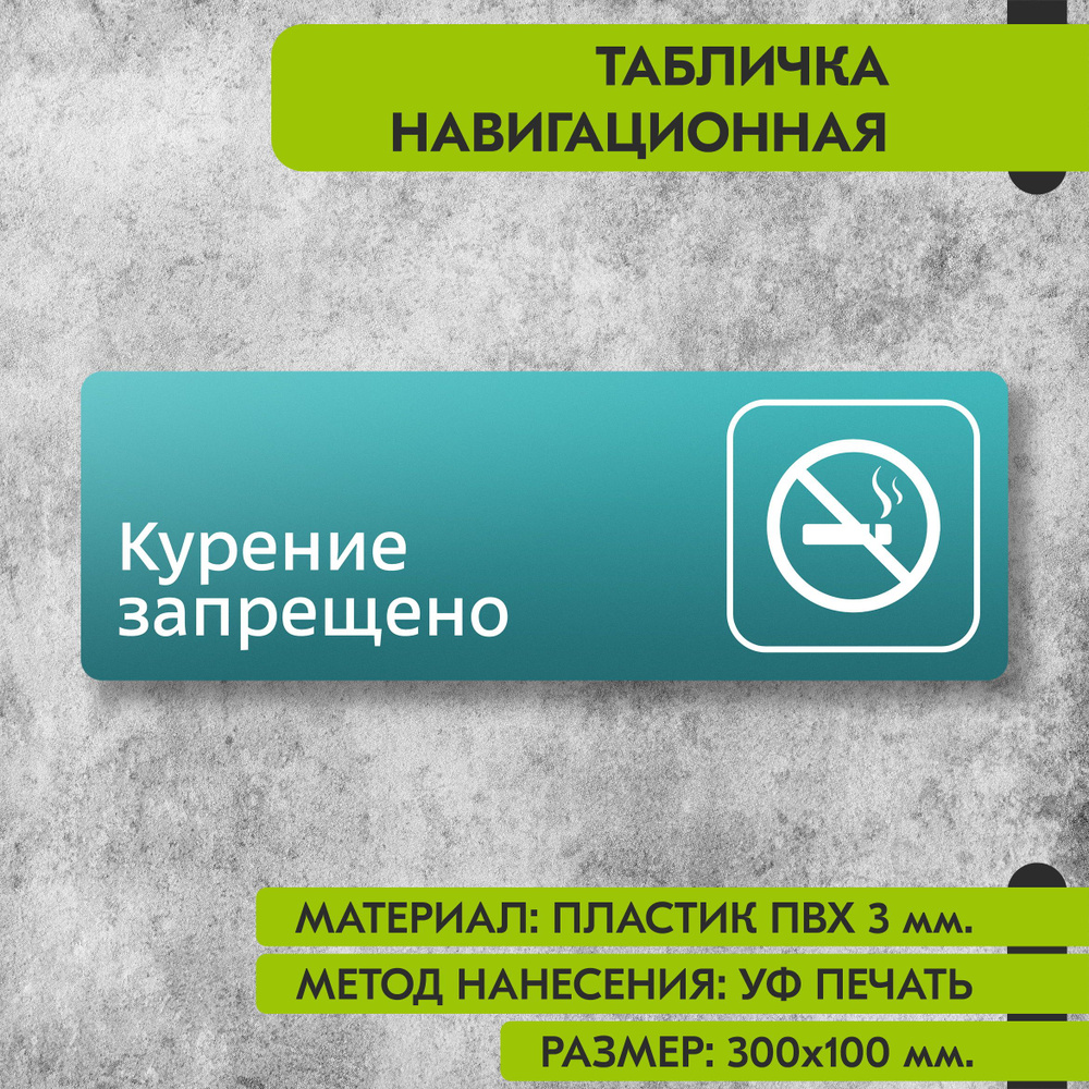 Табличка навигационная "Курение запрещено" бирюзовая, 300х100 мм., для офиса, кафе, магазина, салона #1