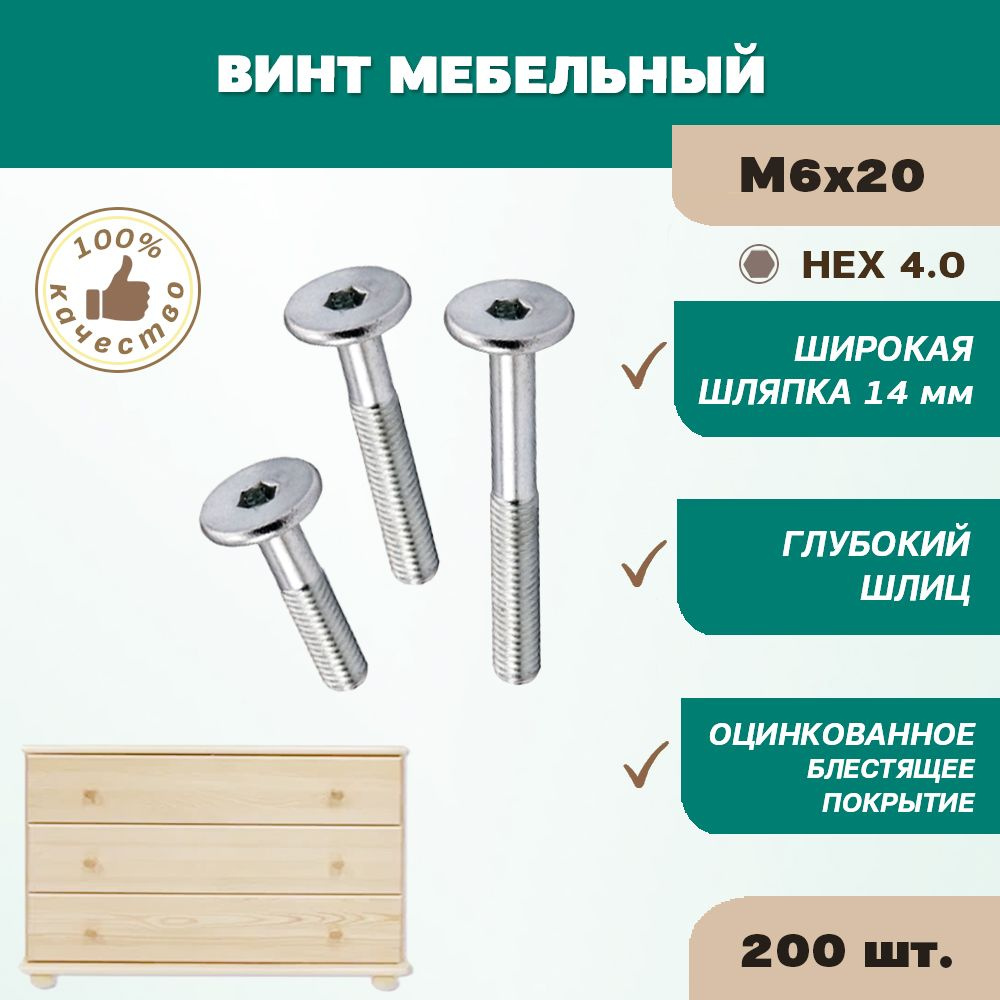 Винт мебельный М6х20 ц HEX 4.0 (упак 200 шт) #1