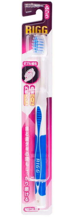 EBISU Зубная щетка жесткая с экстратонкими плоскими щетинками и прорезиненной ручкой. Цвет синий. Серия #1