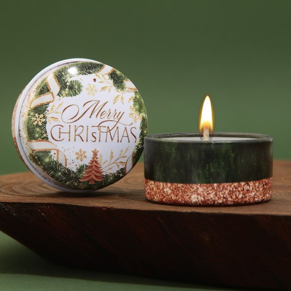 Зимнее волшебство Новогодняя свеча в железной банке "Merry Christmas", аромат ваниль, диаметр 4,8 см, #1