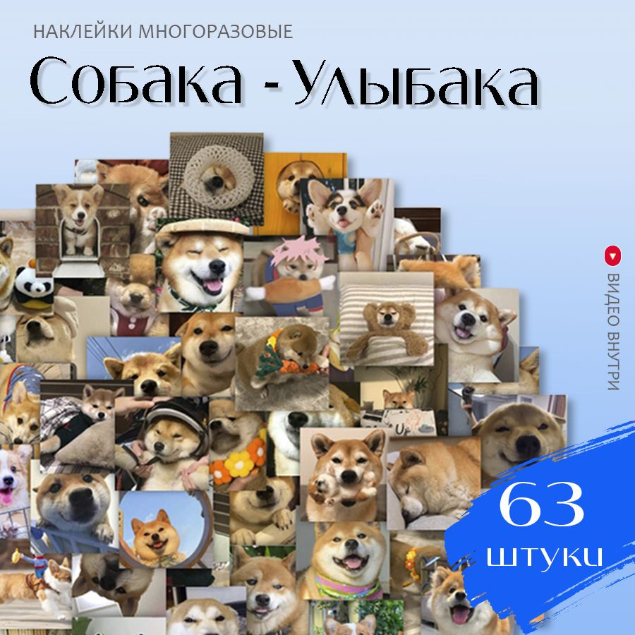 Наклейки Собака Улыбака / набор многоразовых виниловых аниме стикеров с собачками 63 шт.  #1