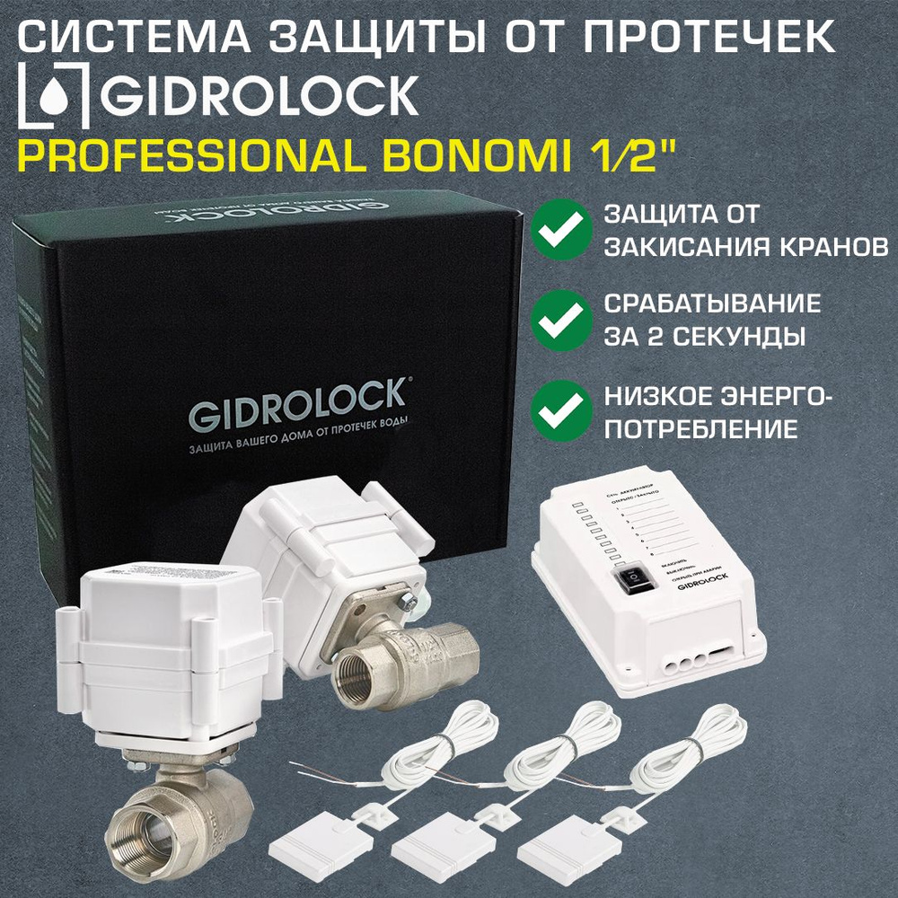Комплект Gidrolock Professional с 2 кранами 1/2" Bonomi с электроприводом 12V - Система защиты от протечек #1