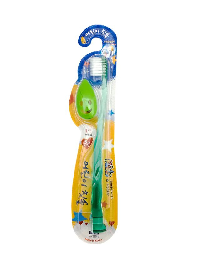 Корейская Детская зубная щетка от 3 лет для самостоятельной чистки зубов с колпачком и держателем-присоской. #1