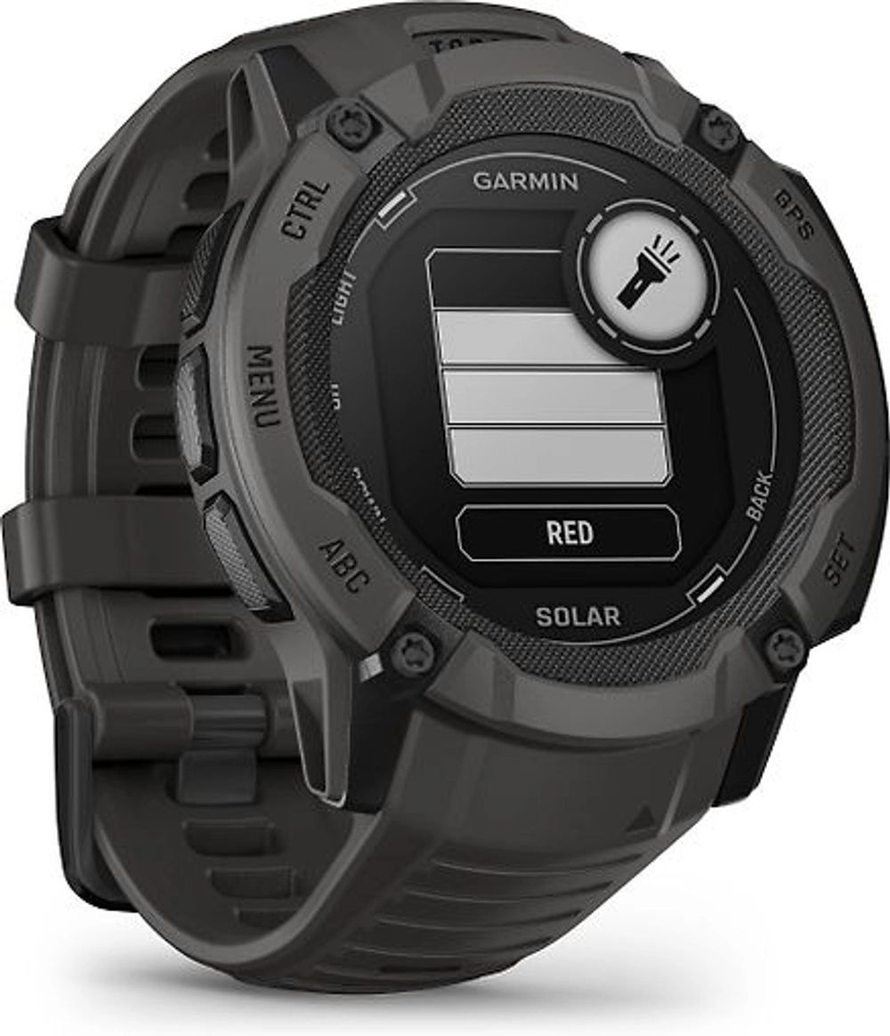 Garmin Instinct 2X Solar в графитовом цвете — это прочные смарт-часы, предназначенные для активных пользователей, стремящихся к приключениям на природе и высокоэффективным тренировкам. Эти часы предлагают широкий спектр функций, обеспечивая надежность, точность и удобство. Ключевые характеристики Garmin Instinct 2X Solar:  Дизайн и материалы: Instinct 2X Solar обладает прочным корпусом, выполненным из высококачественного полимера, что делает их устойчивыми к повреждениям. Графитовый цвет придает часам современный и универсальный вид. Часы также сертифицированы по стандарту MIL-STD-810, что подтверждает их стойкость к воздействию внешней среды. Солнечная зарядка: Устройство поддерживает технологию солнечной зарядки, позволяющую продлить время работы от аккумулятора. Это особенно полезно для длительных поездок и приключений на открытом воздухе, когда имеется доступ к солнечному свету. Дисплей: Instinct 2X Solar оснащен высоким по контрастности дисплеем, который отлично читается даже при ярком солнечном свете. Яркость экрана можно настраивать под разные условия освещения. Спортивные функции: Часы предлагают более 30 предустановленных спортивных режимов, включая бег, велоспорт, плавание и горные походы. Устройство отслеживает различные метрики, такие как расстояние, темп, пульс и другие параметры активности. Навигация: Instinct 2X Solar поддерживает GPS, GLONASS и Galileo для точного позиционирования, а также предлагает функции навигации и трекинга маршрутов, что делает их идеальными для туристов и спортсменов. Мониторинг здоровья: Устройство оборудовано функциями мониторинга сердечного ритма, уровня стресса, отслеживания сна и уровня кислорода в крови (Pulse Ox), что обеспечивает всесторонний контроль здоровья. Автономность: Часы предлагают вместительный аккумулятор, который можно использовать до 28 дней в режиме смарт-часов и до 70 часов в режиме GPS, что делает их надежным спутником в любых условиях. Связь и уведомления: Instinct 2X Solar поддерживает уведомления со смартфона и синхронизацию с приложением Garmin Connect для анализа данных о тренировках и здоровье. Заключение  Garmin Instinct 2X Solar в графитовом цвете — это отличное решение для спортсменов и любителей активного отдыха, которые ищут надежные и многофункциональные часы. Их прочный дизайн, расширенные функции и возможность солнечной зарядки делают их идеальными помощниками для самых различных приключений.