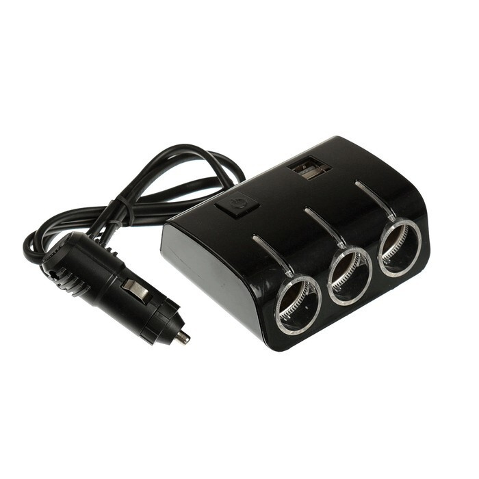 Разветвитель прикуривателя, 3 гнезда, 2 USB 1 А, 60 Вт, 12/24 В, подсветка, провод 70 см, черный  #1