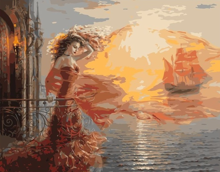 Картина по номерам на холсте 40x50 40 х 50 с подрамником "Девушка на балконе над морем."  #1