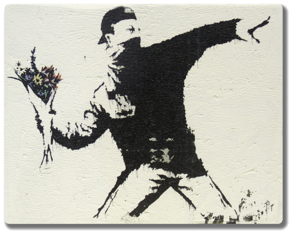 Картина/Граффити/Бэнкси "Метатель цветов"/Интерьерная фреска на доске/30х24см  #1